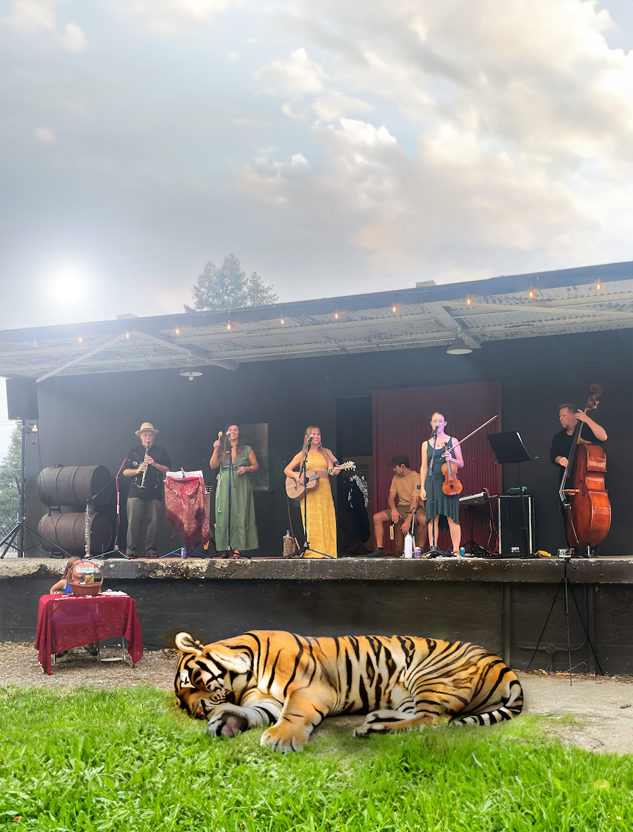 Fanciful image of a band playing with a tiger lying in the grass below.